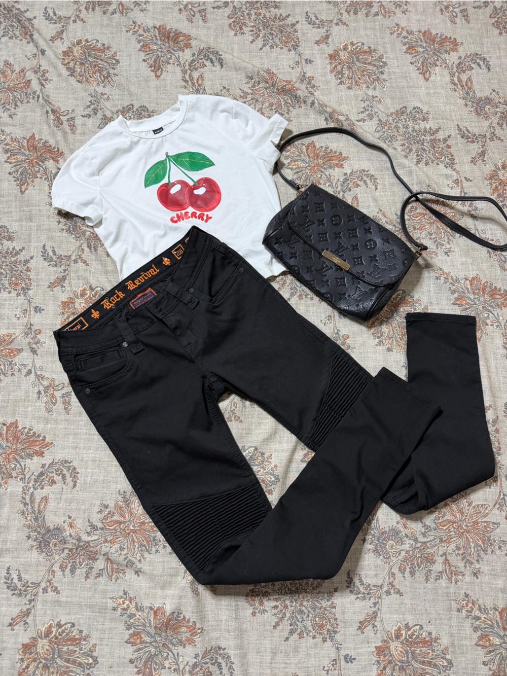 Rock Revival black skinny Jeans and she in White Tee with Red Cherry Graphic - Picture 4 of 7